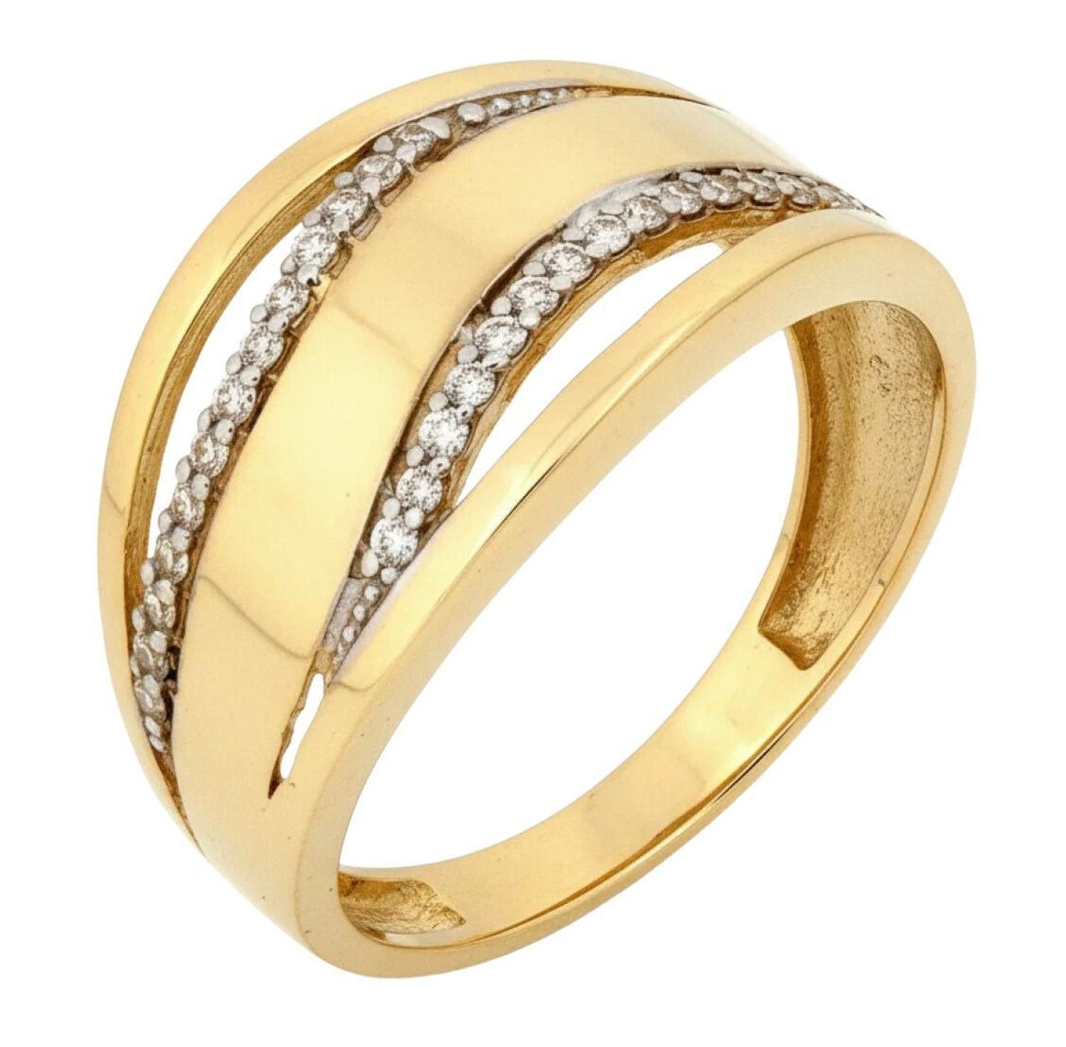 Złoty pierścionek damski wysadzany cyrkoniami z kolekcji Crossover. Okazały, błyszczący i elegancki – idealny prezent dla kobiety.1.jpg